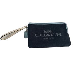 Coach Double Zip Wide Corner Denim Embossed Canvas Blue Wristlet Wallet
